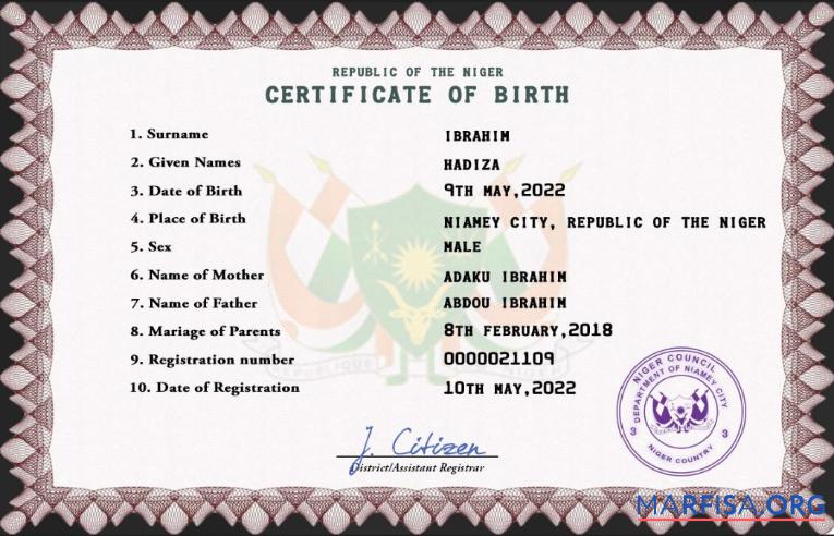 Downloadable Niger vital record birth certificate PSD template